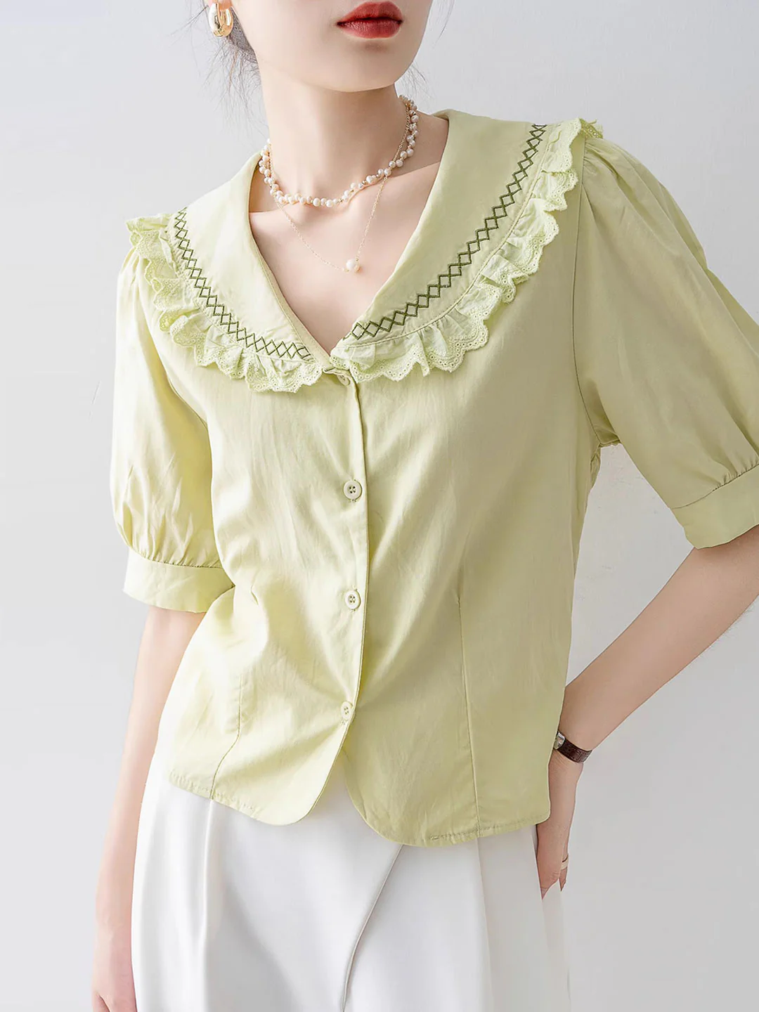 Vintage Lapel Neck Embroidered Lace Short Sleeve Blouse Top