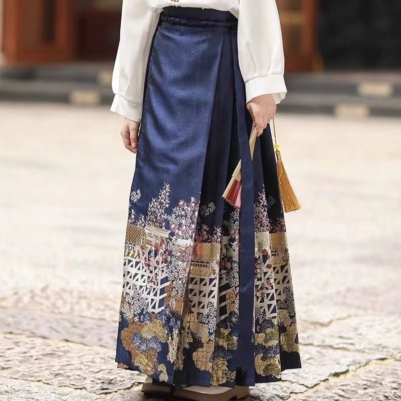 BLue Retro Chinese Style Embroideried Skirts Spring