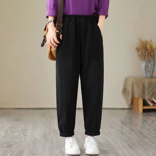 Retro Black Elastic High Waist Denim Cropped Pants Fall