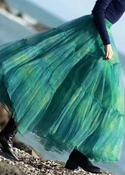 Elegant Green Ruffled Elastic Waist Tulle Skirt Spring