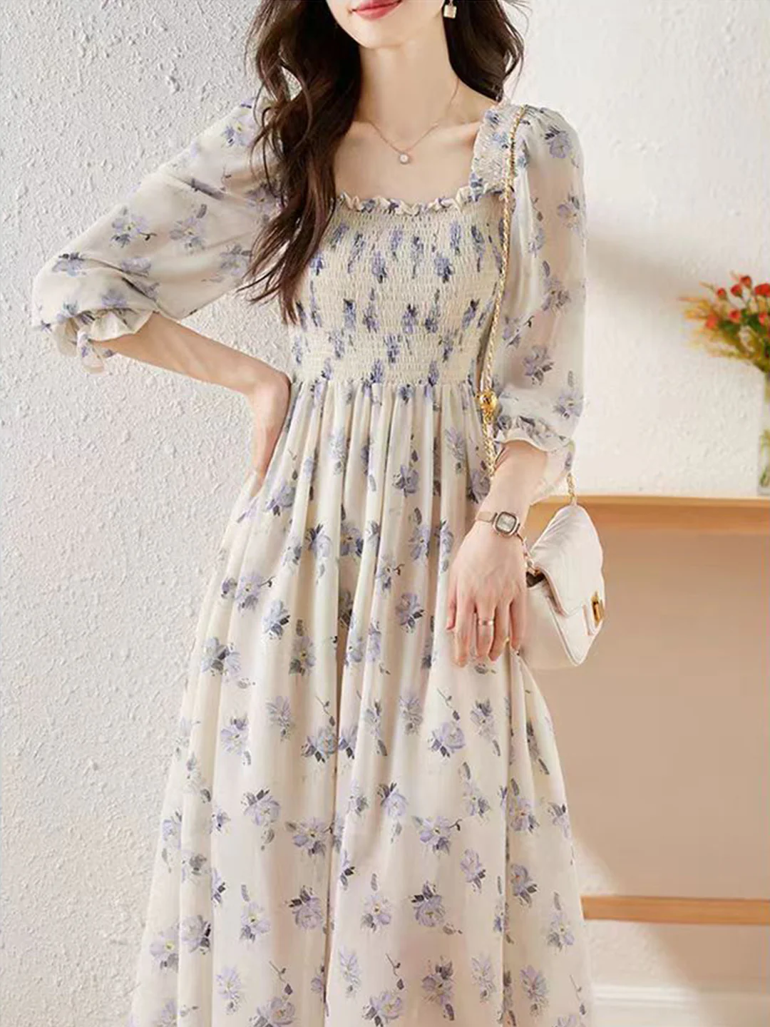 French Chiffon Printed Floral Long Sleeve Long Dresses