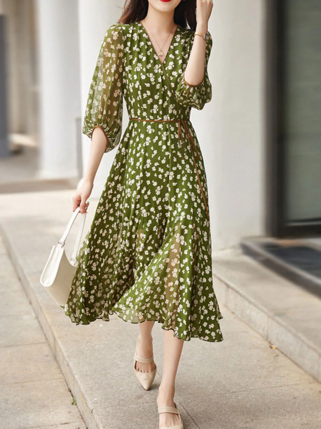 French Floral Wrap Waist Color Clash Short Sleeve Dress