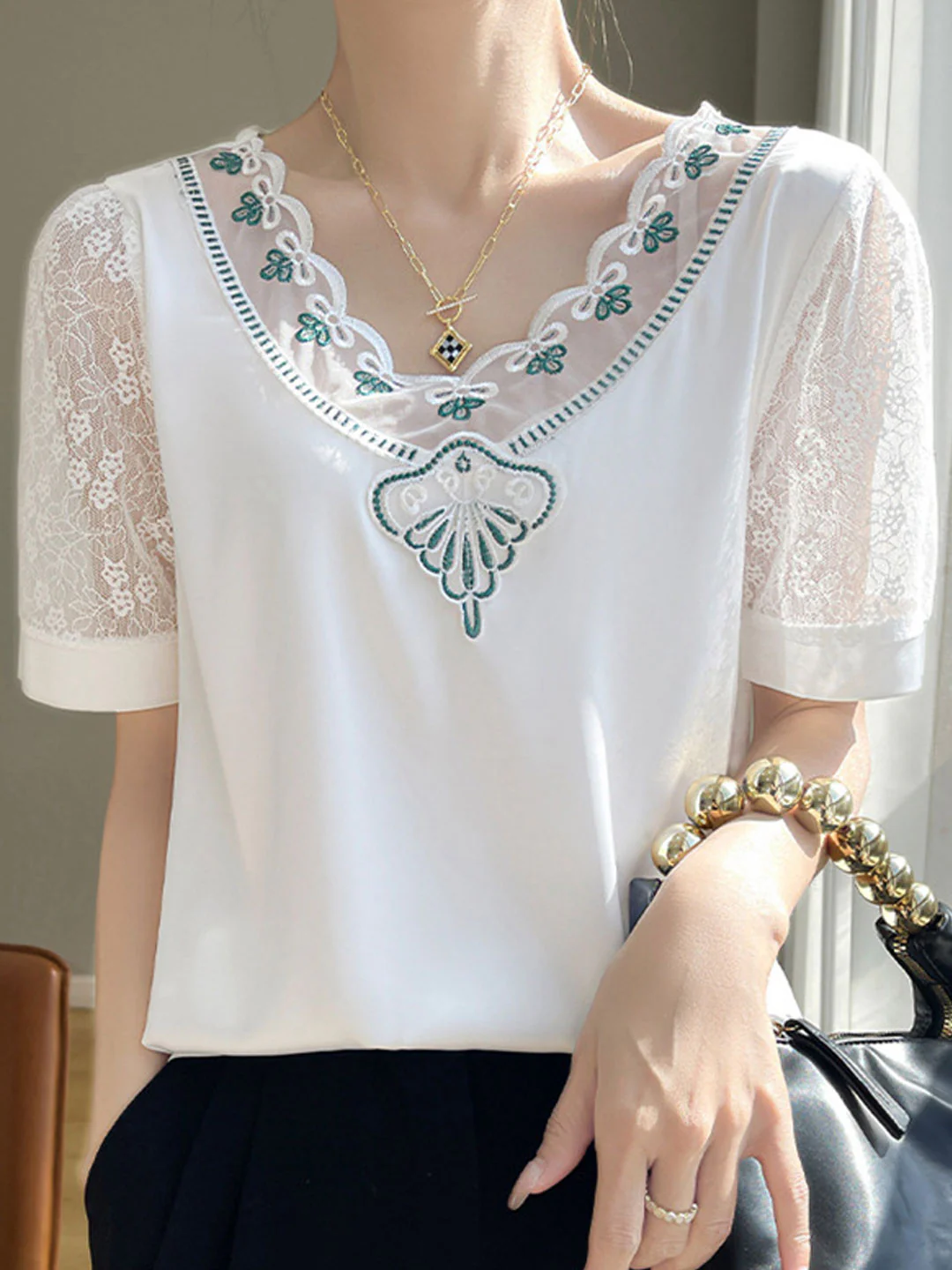 Elegant V-neck Cutout Lace Satin Short Sleeve Blouse Top