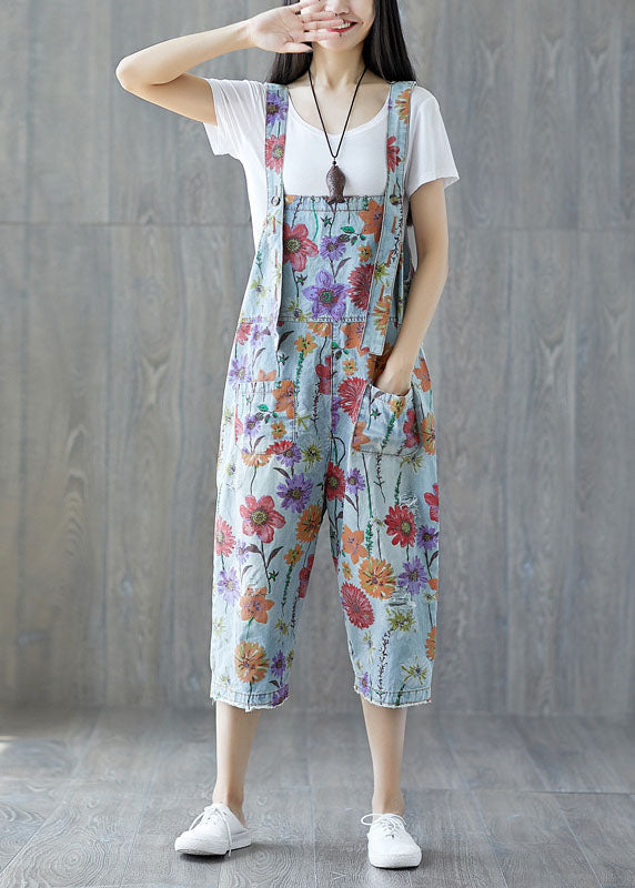 Light Blue Floral Denim Jumpsuit with Classic Pockets