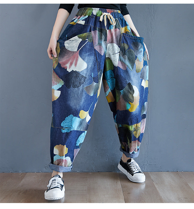 Retro Blue Print Elastic Waist Harem Pants Fall