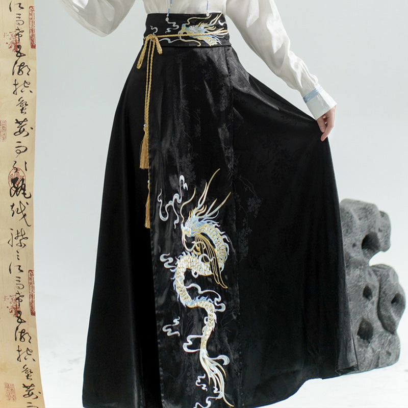 Elegant Black Chinese Lace Up Loose Hight Waist Embroidery Skirts