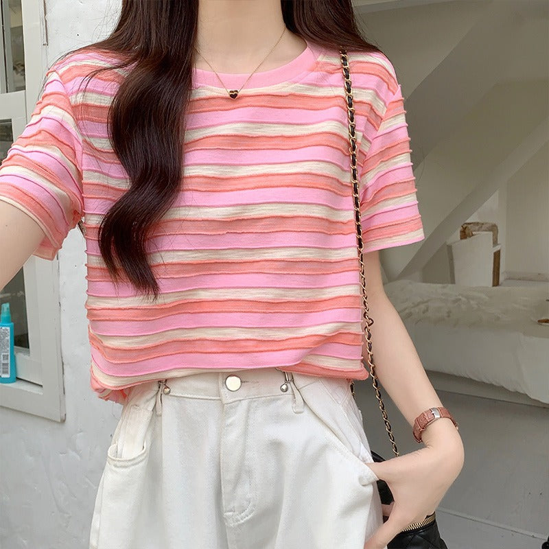 Retro Women Pink Striped Cotton T Shirt Summer