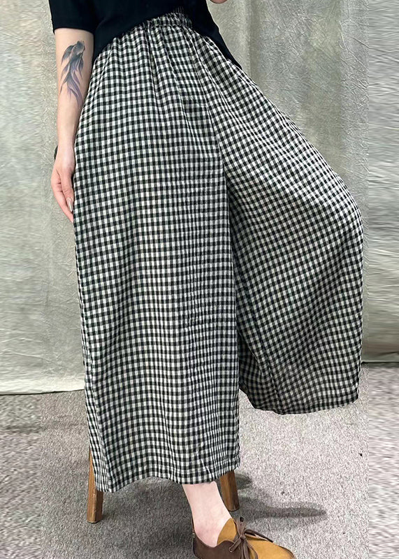 Loose Plaid Pocket Elastic Waist Cotton Wide Leg Pants