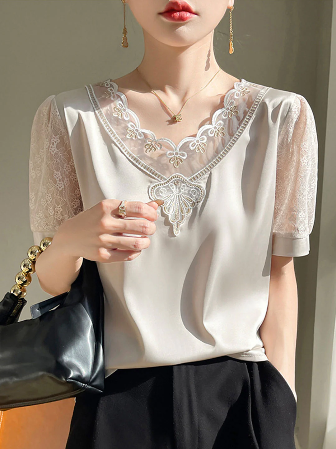 Elegant V-neck Cutout Lace Satin Short Sleeve Blouse Top