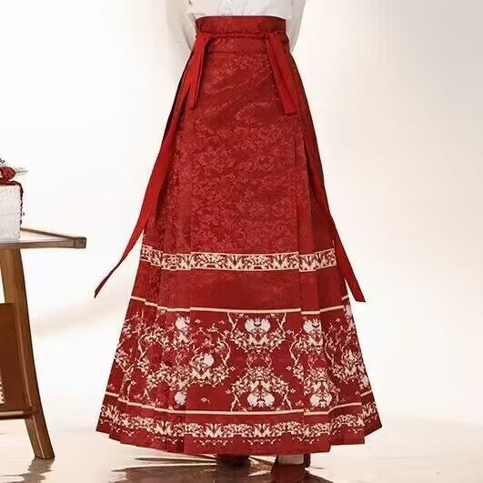 Chinese Style Red Embroideried Lace Up Skirt Spring