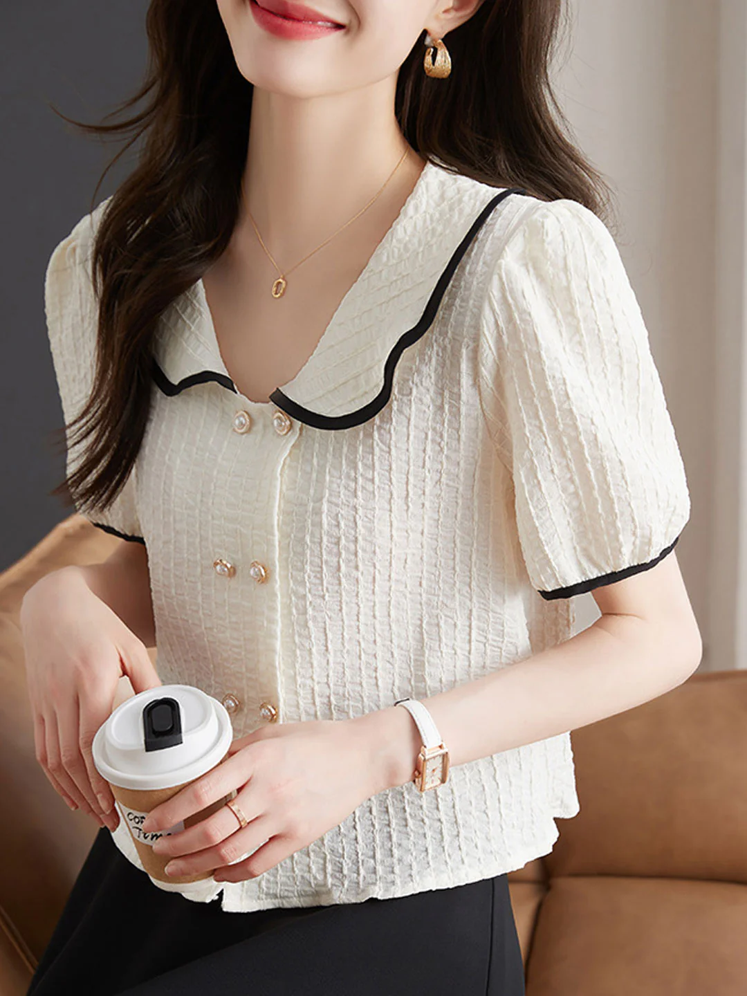 Elegant Bubble Short Sleeve Color Clash Shirt Top