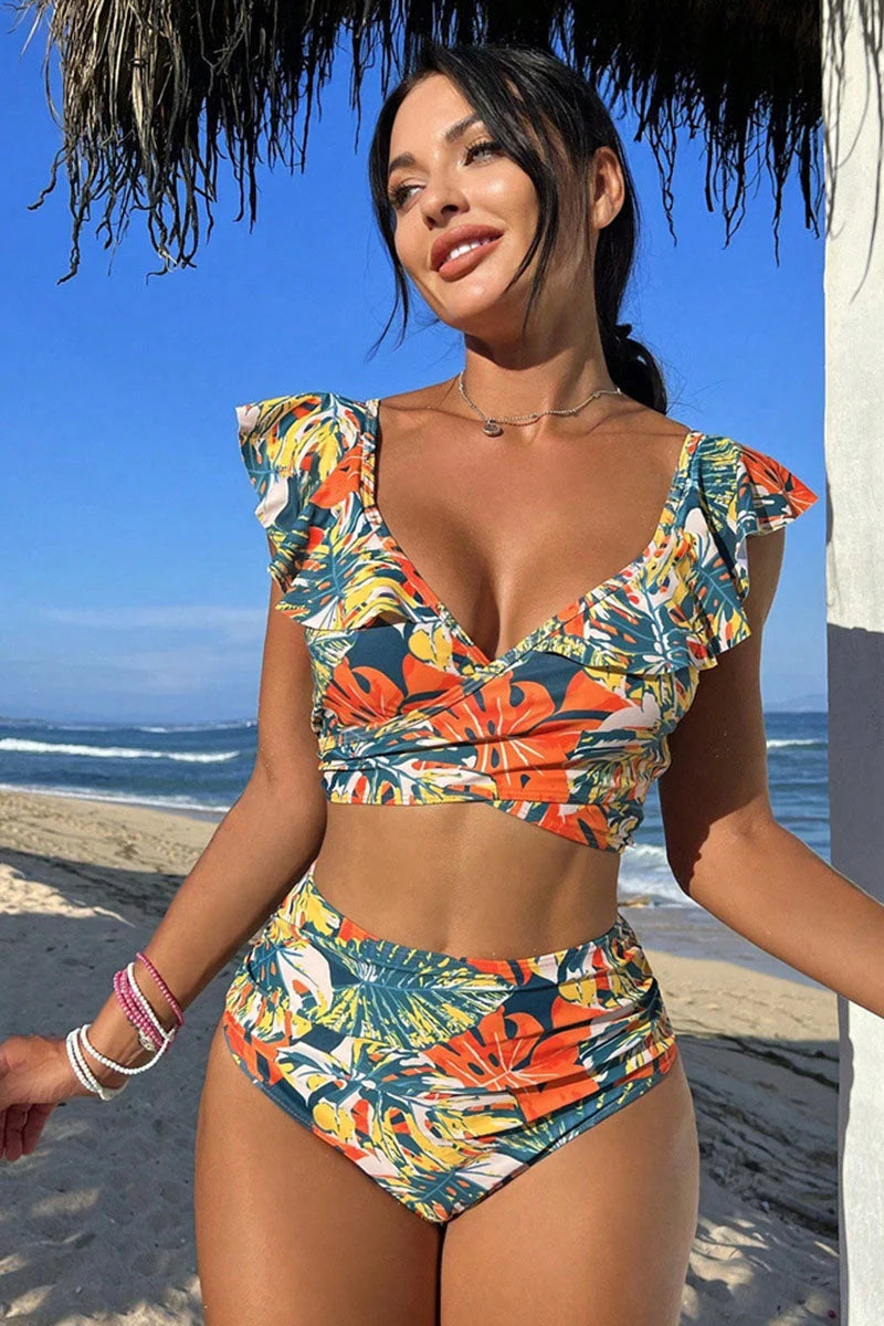 Floral Print Glamorous Ruffles Front Wrap Bikini