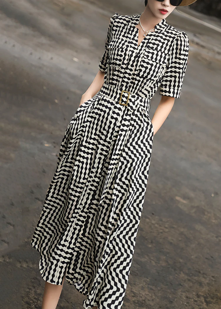 Elegant Striped Tie Waist Chiffon Dress