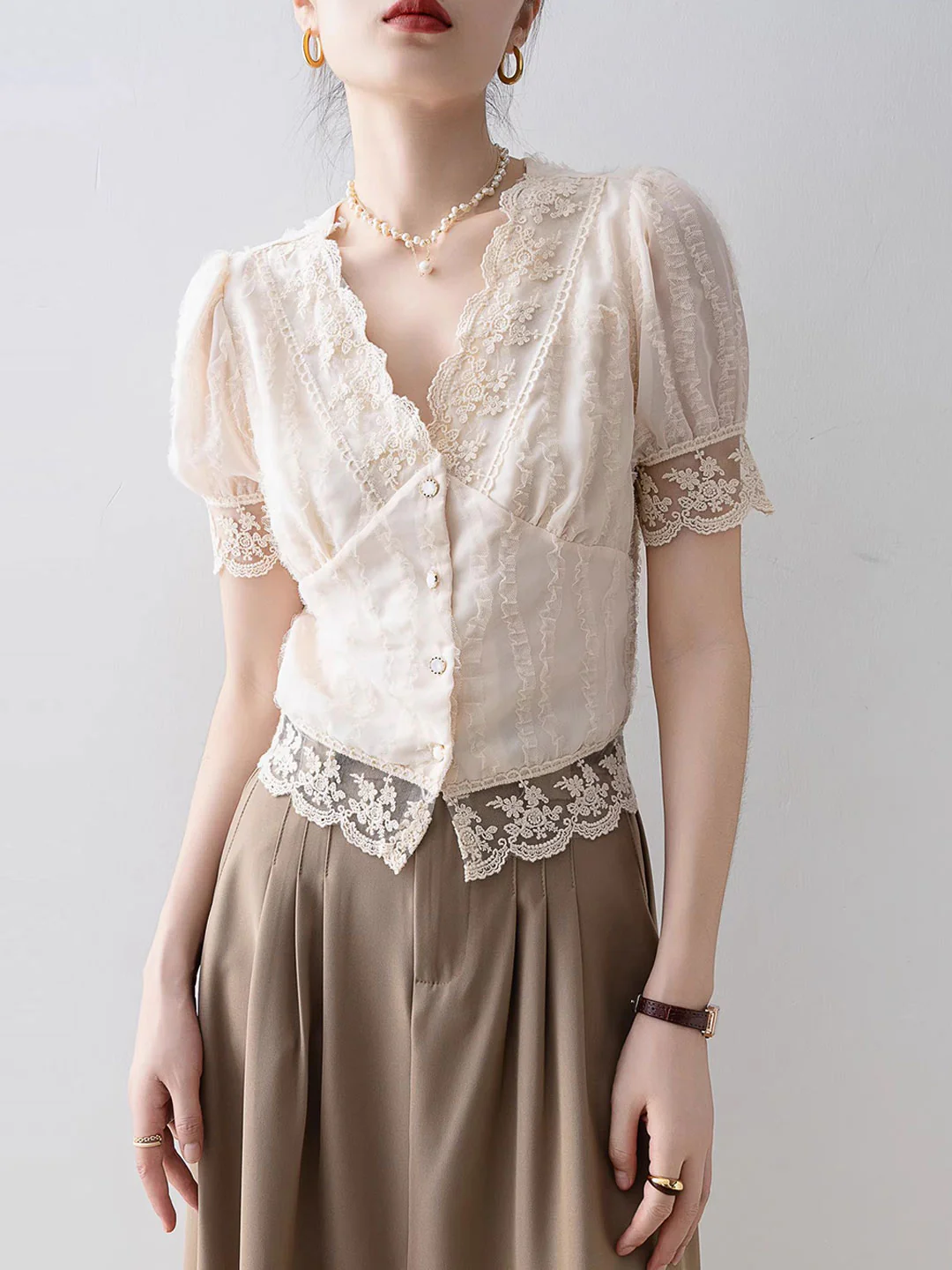 French Neck Flared Sleeve Hollow Out Lace Short Sleeve Blouse Top