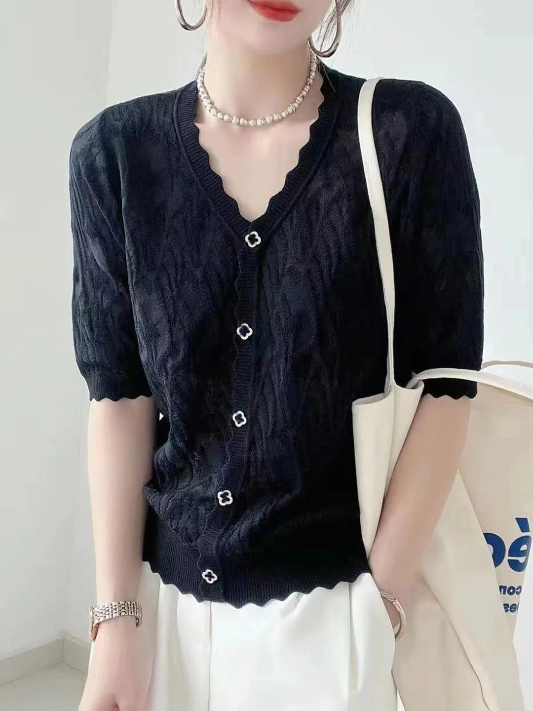 Elegant Jacquard Knit Cardigan Short Sleeve Blouse Top