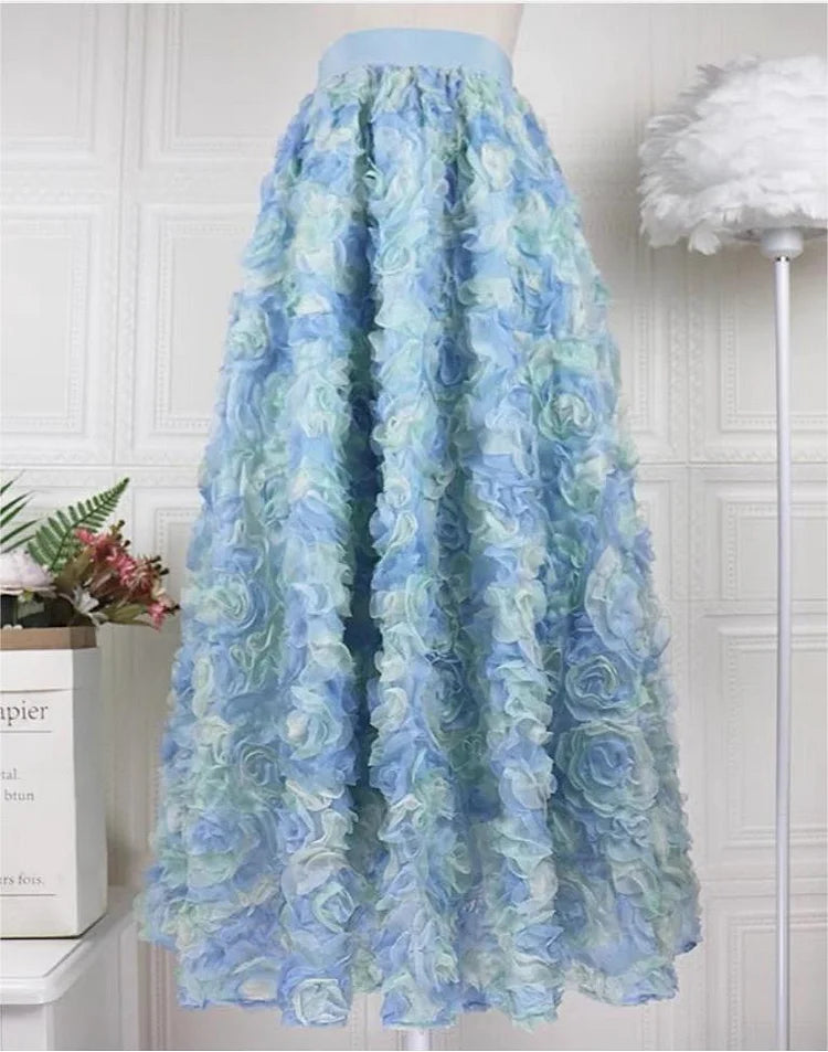 Sakura Gradient Pink Embroidered Floral Elastic Waist Tulle Maxi Skirt