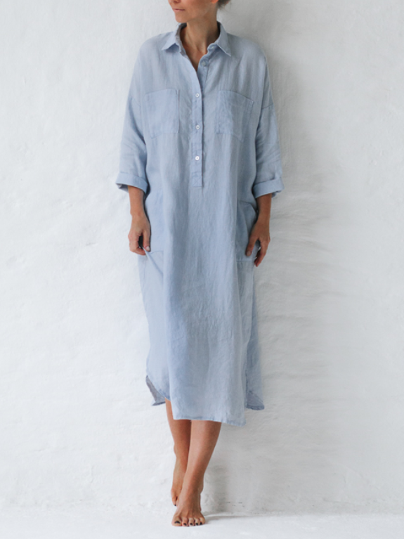 Cotton Linen A-Line Shirt Long Dress