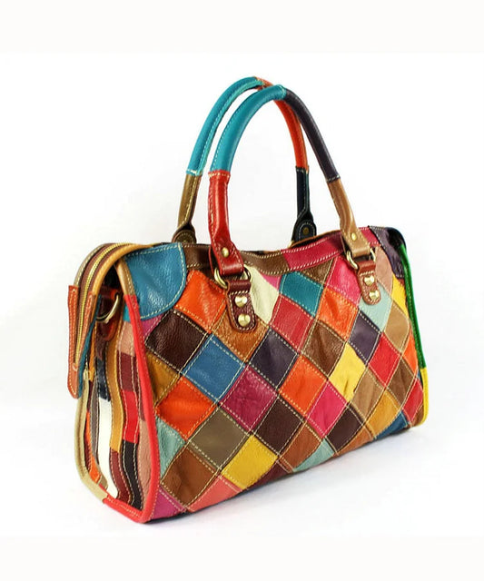 Elegant Colorblock Rivet Zippered Patchwork Calf Leather Tote BAG