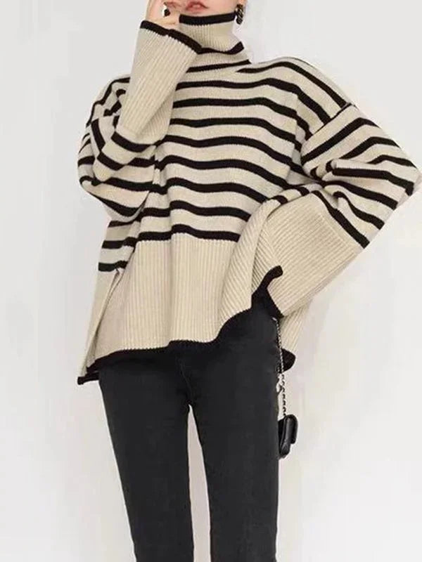 Modern Black Turtle Neck Striped Knit Sweater