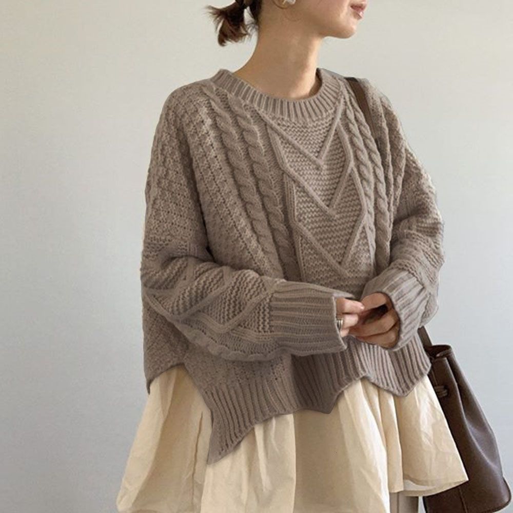 Italian Apricot O Neck False Two Pieces Cable Knit Sweaters Spring