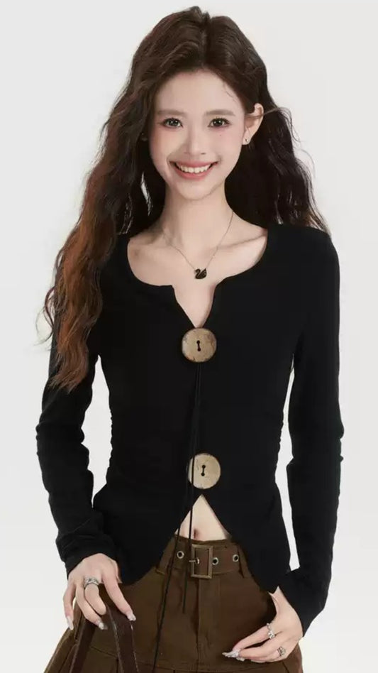 Black Front Open Knitting Cotton Fall Top V Neck