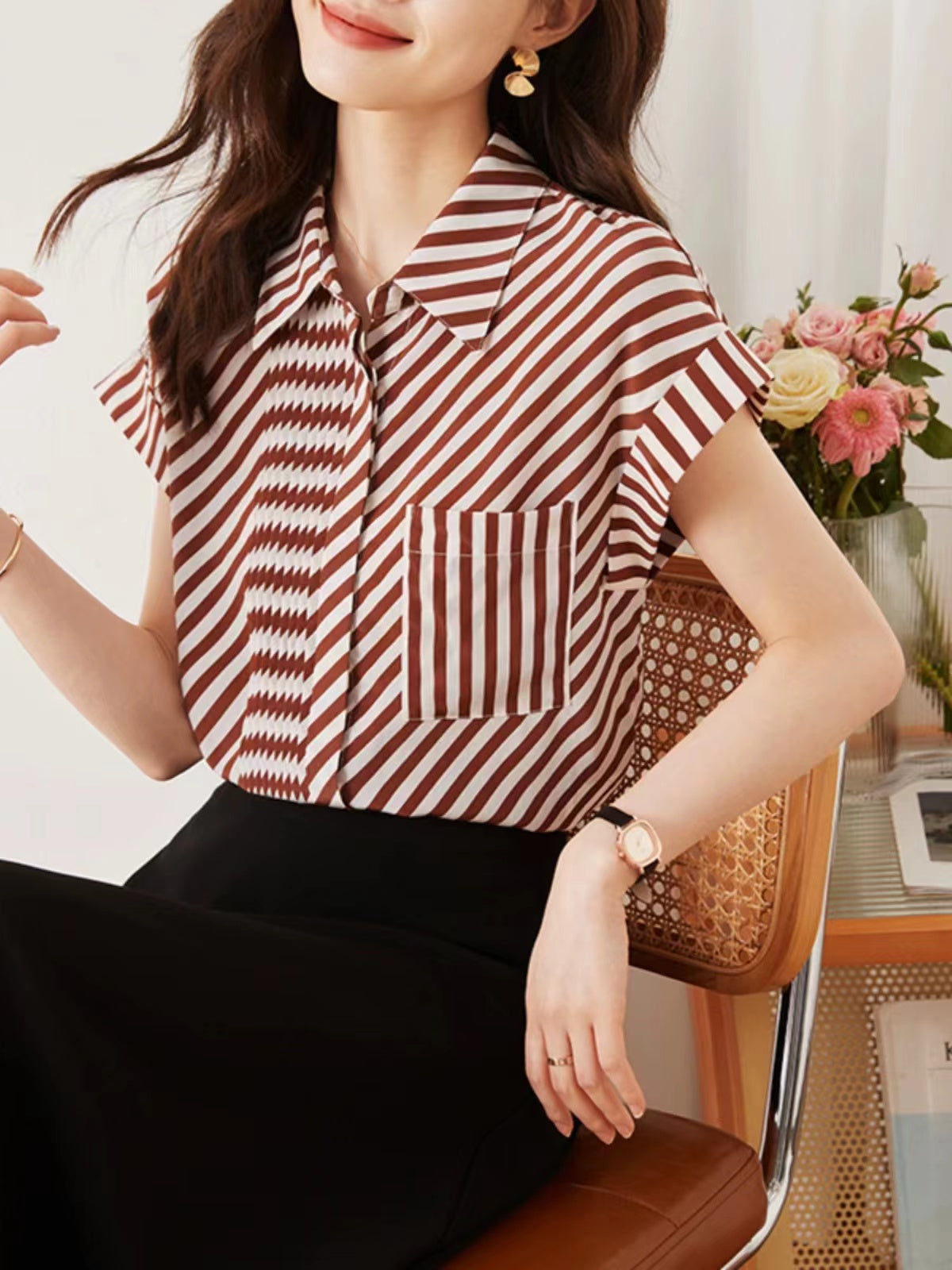 Loose Asymmetrical Color-Crossing Striped Shirt Top