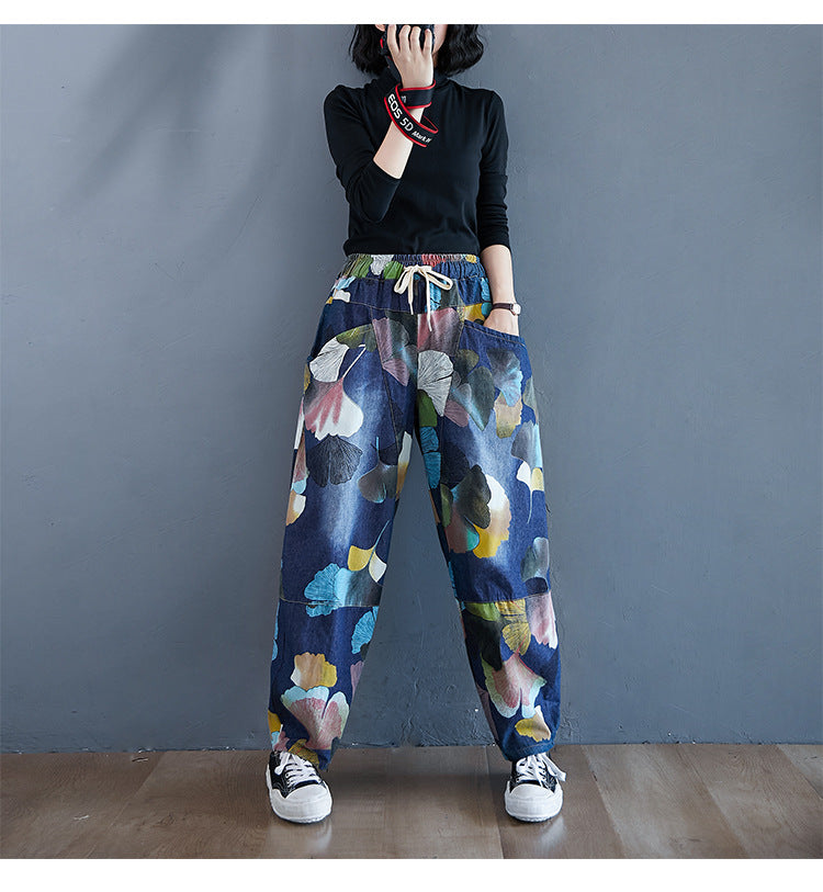 Retro Blue Print Elastic Waist Harem Pants Fall