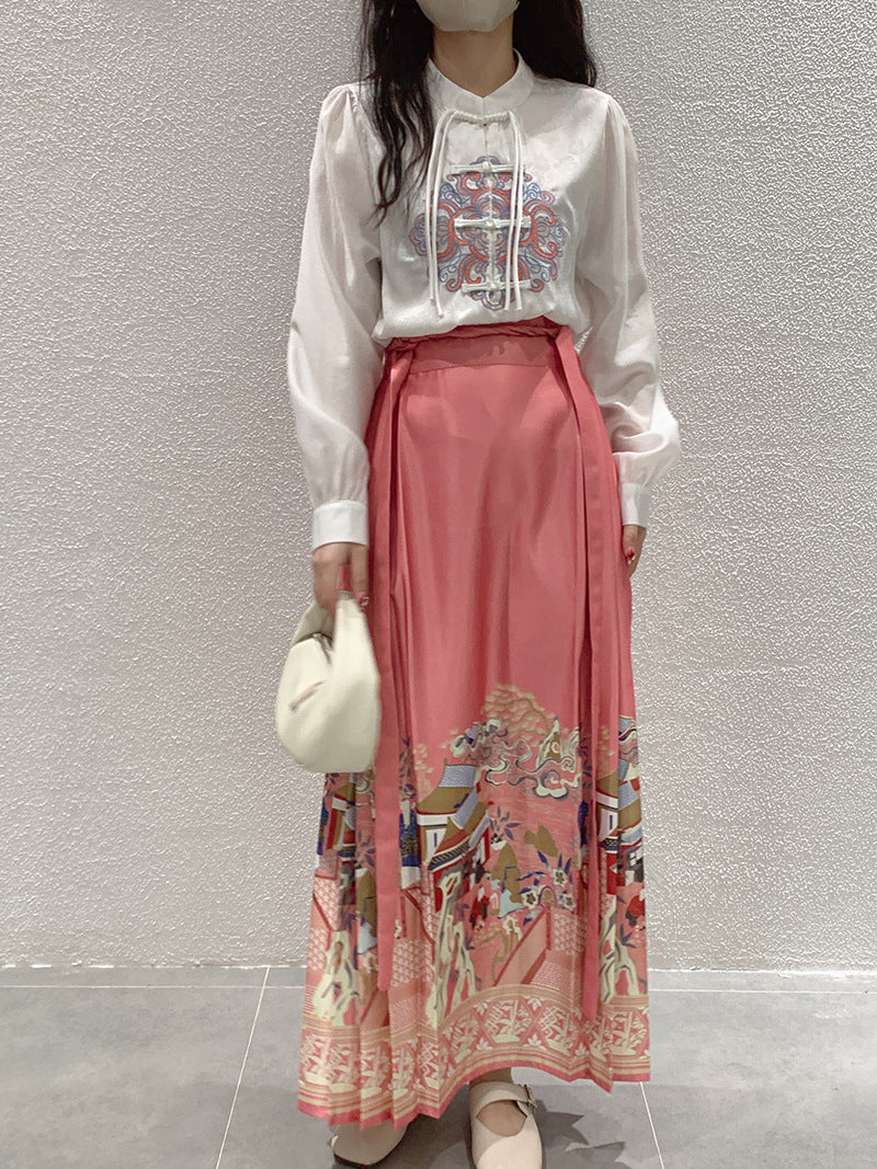 Trend Pink Chinese Style Printing Lace Up Skirt Spring