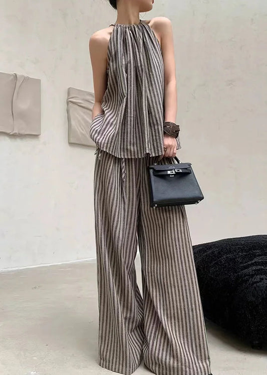 French Fashion Coffee Striped Top Summer