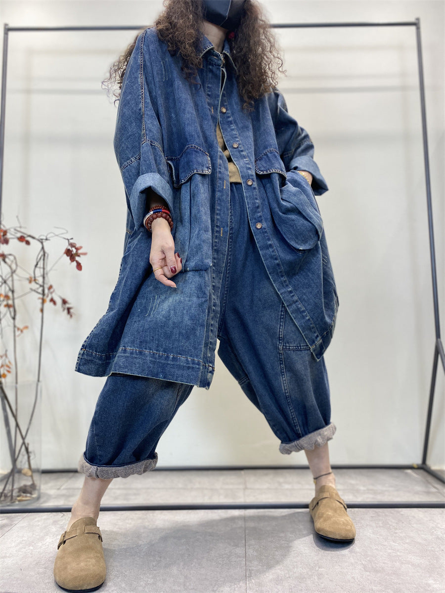 Blue Chic plus size Denim Fall Coat Long Sleeves