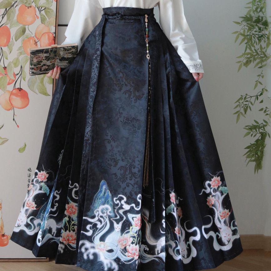 Blue Loose Chinese Style Print Lace Up Skirts Spring