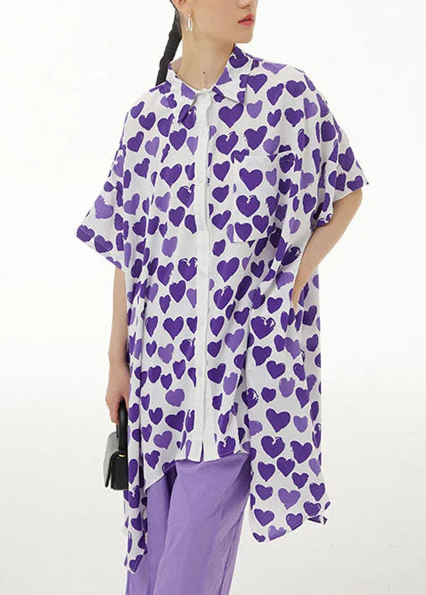 Purple Print Chiffon Shirt Tops Asymmetrical Design Summer