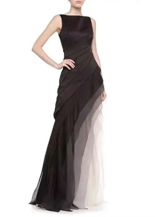 French Black High Waist Patchwork Tulle Maxi Dresses Sleeveless