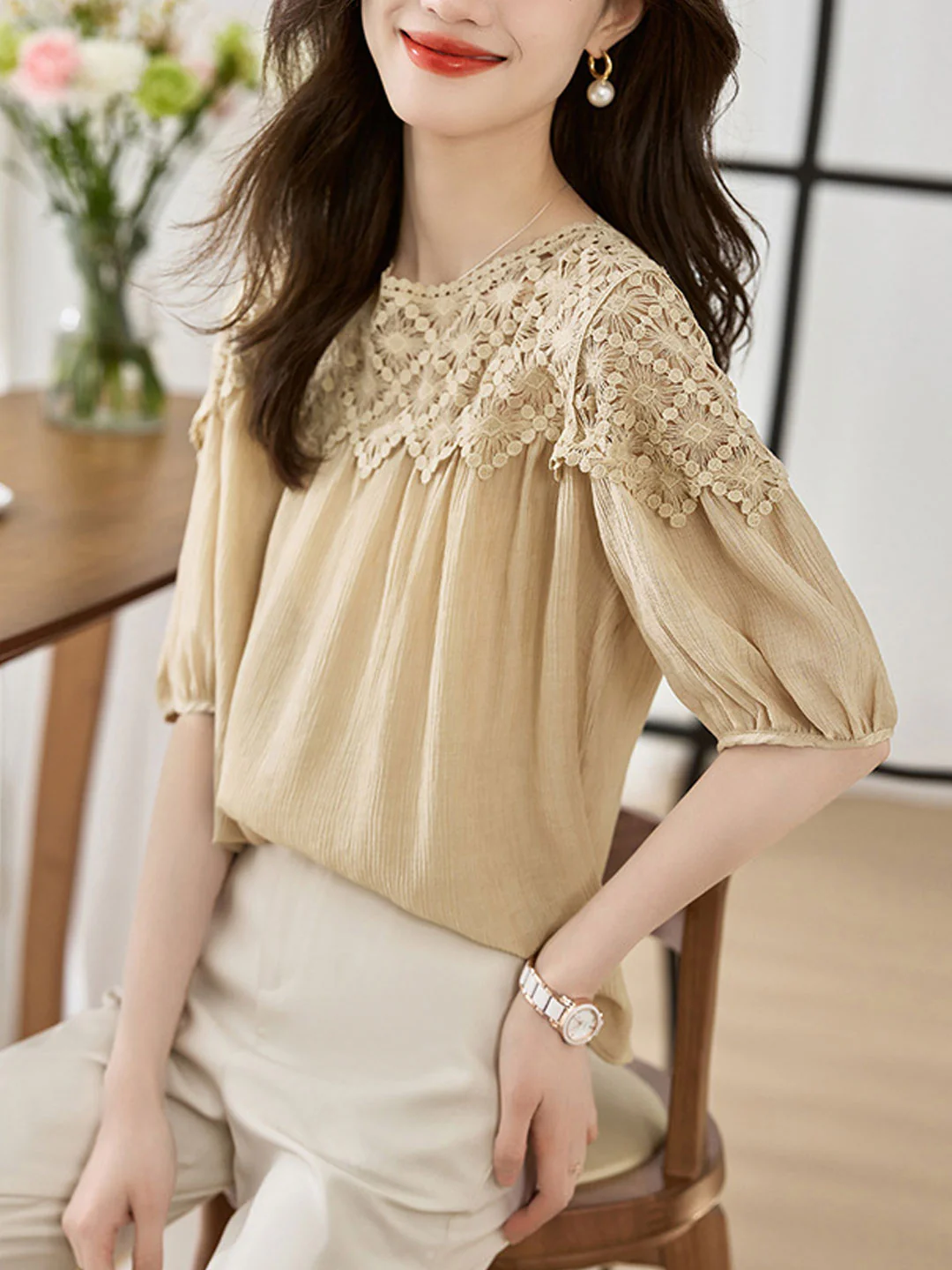 Elegant Lace Patchwork Cotton Interrupted Blouse Top