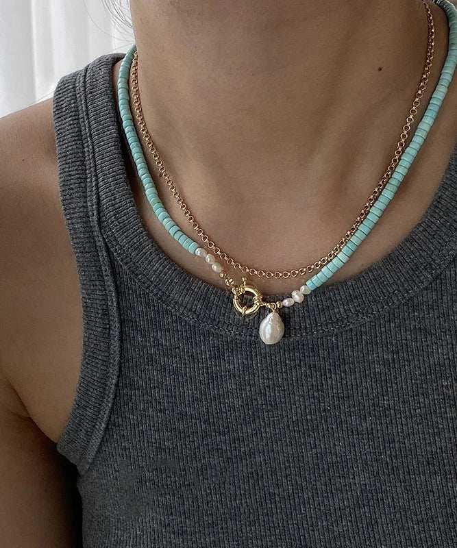 Elegant Green Copper Turquoise Pearl Pendant Necklace