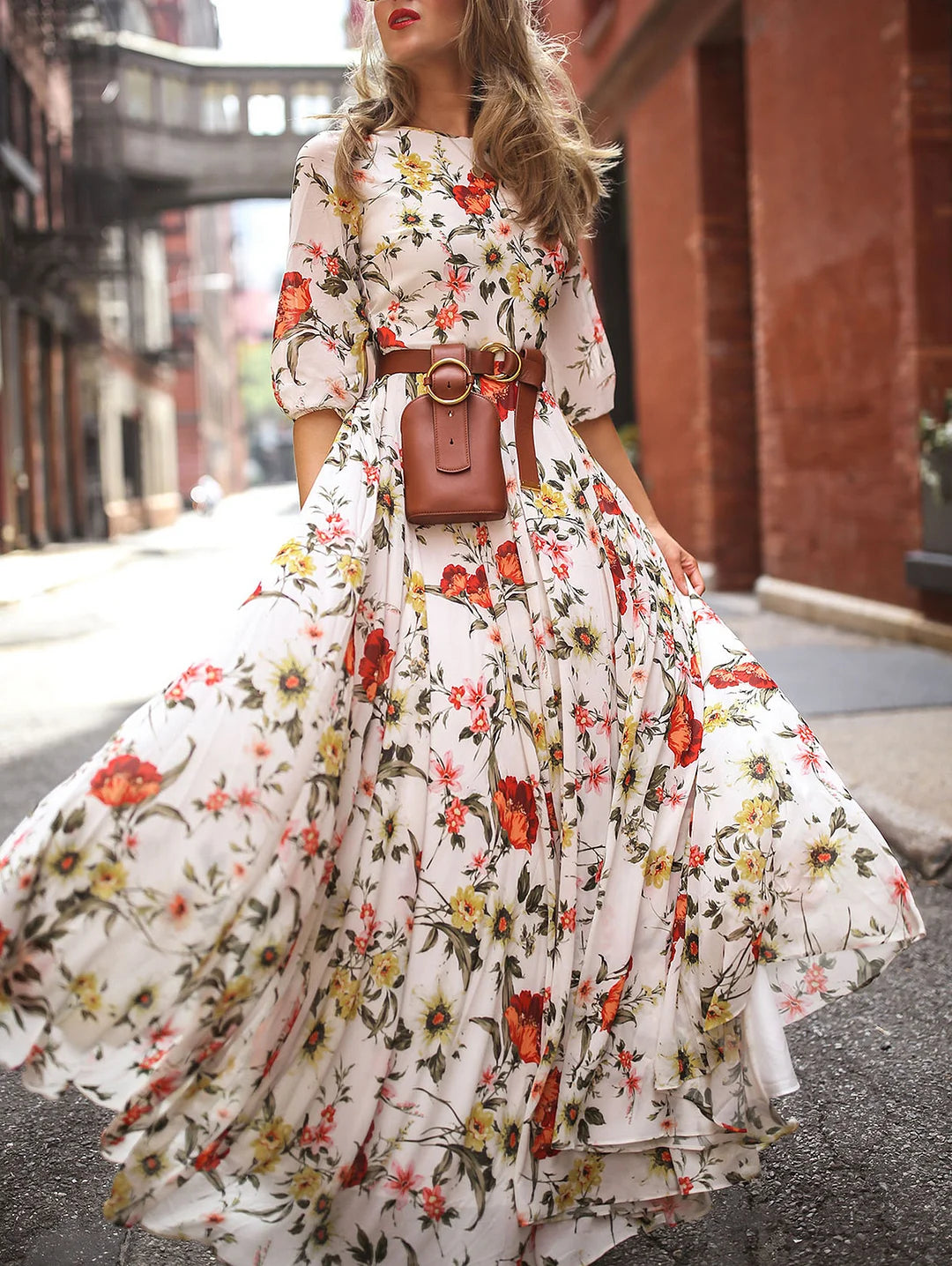 Elegant Floral Pattern Crew Neck Maxi Dress Lantern Sleeve