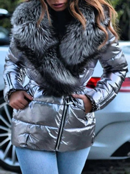 Shiny Big Fur Collar Long Sleeve Down Padded Jacket