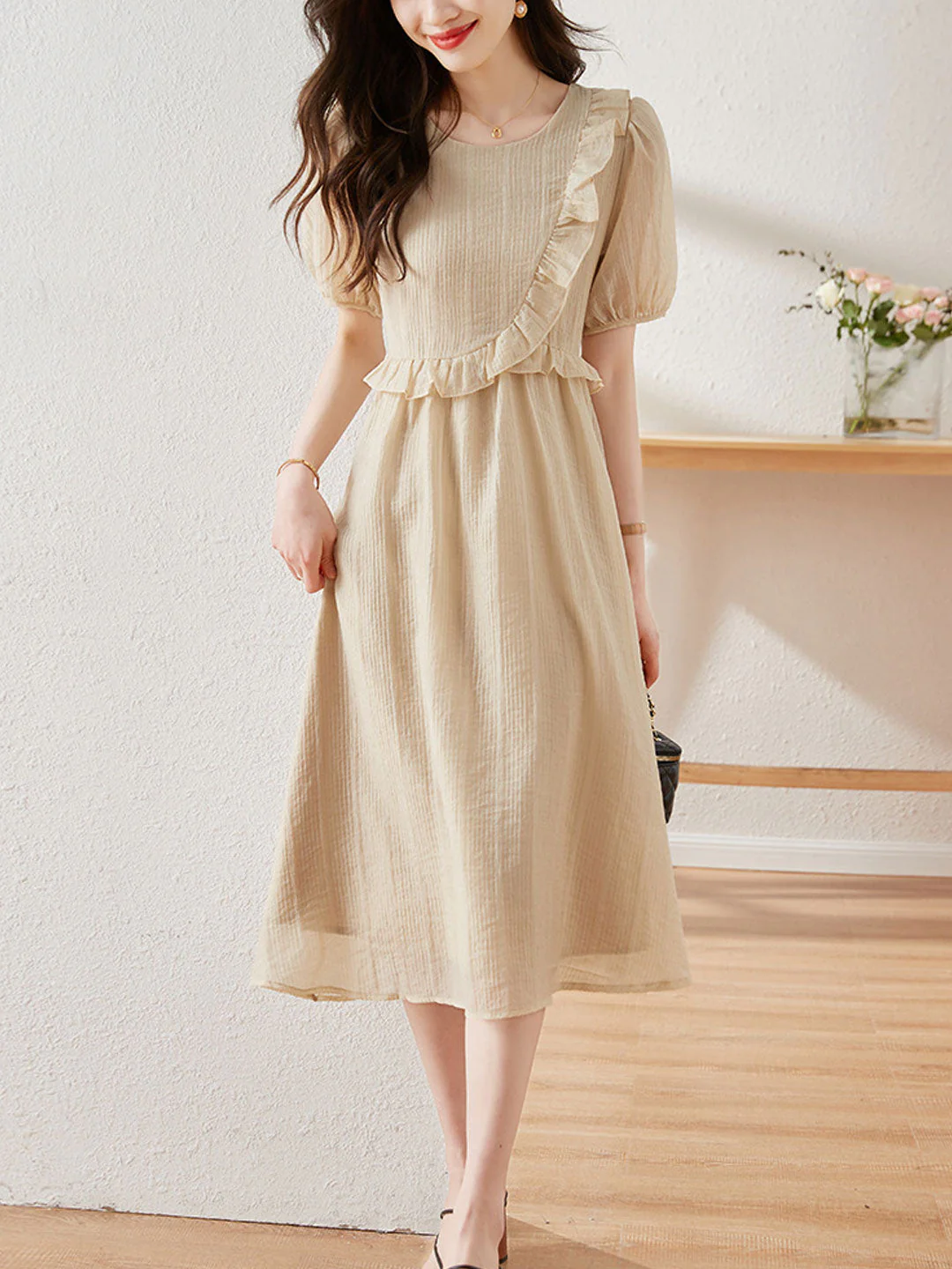 French Round Neck Ruffle Short Sleeve Dress