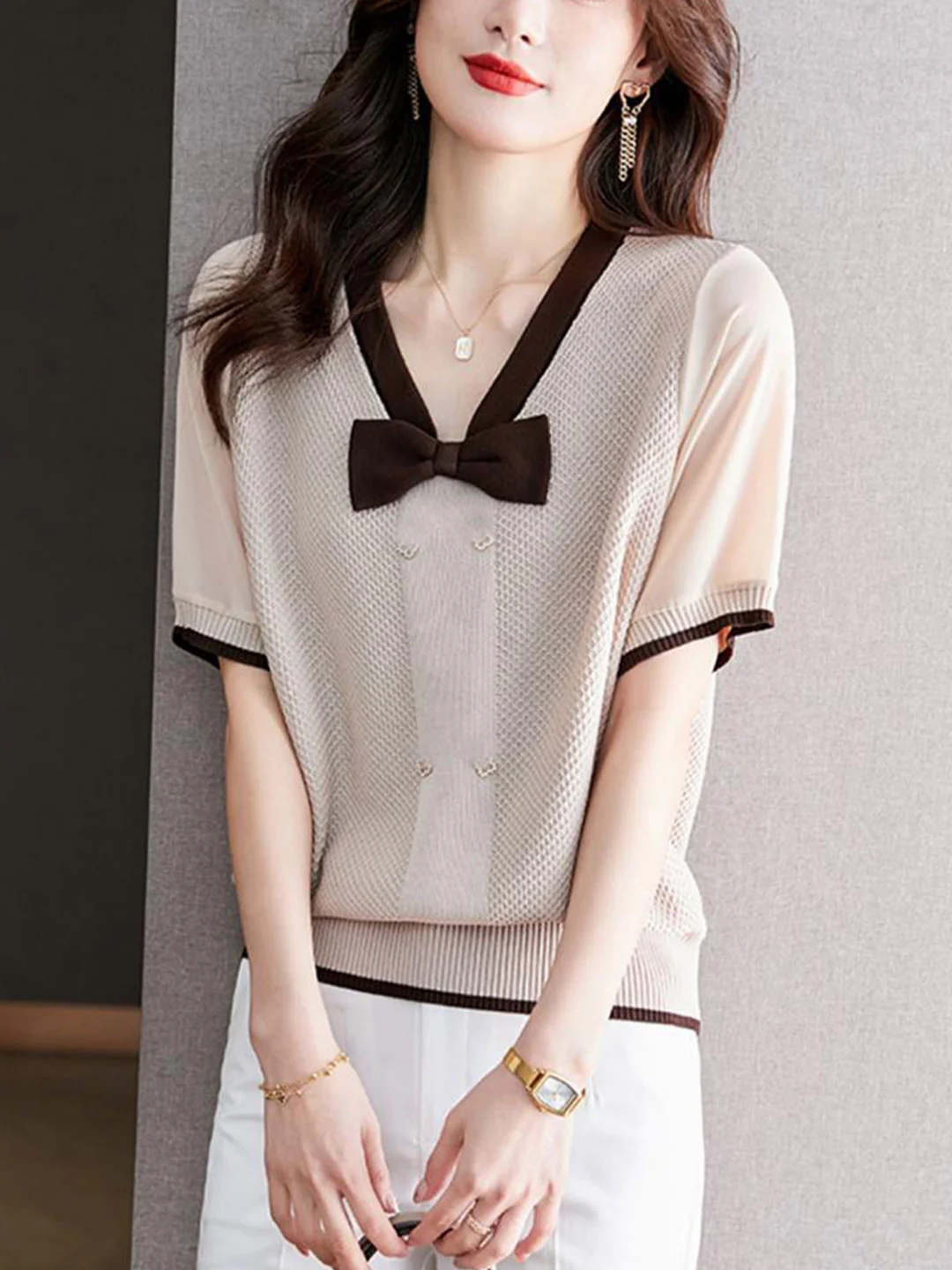 Elegant V-Neck Bow Knit Short Sleeve Blouse Top