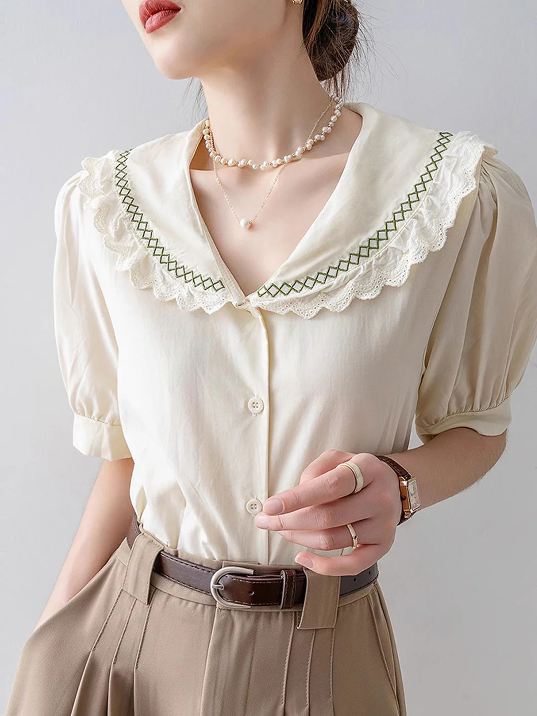 Vintage Lapel Neck Embroidered Lace Short Sleeve Blouse Top