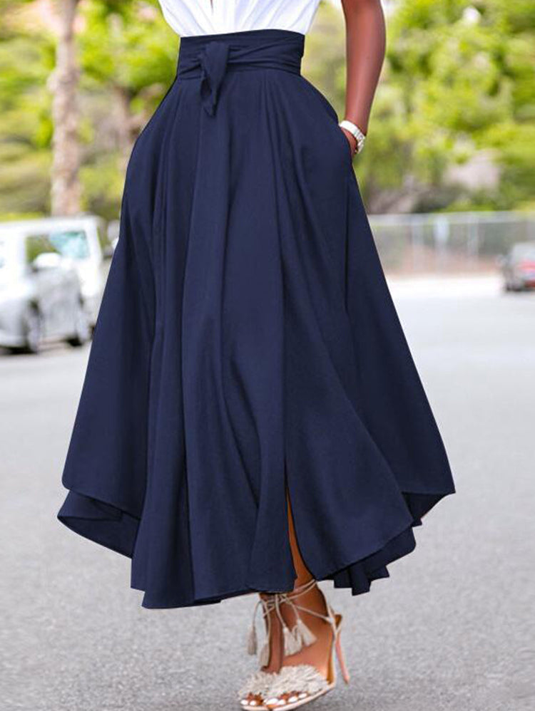 Women Summer Knot Front High Waist Slit Skirt