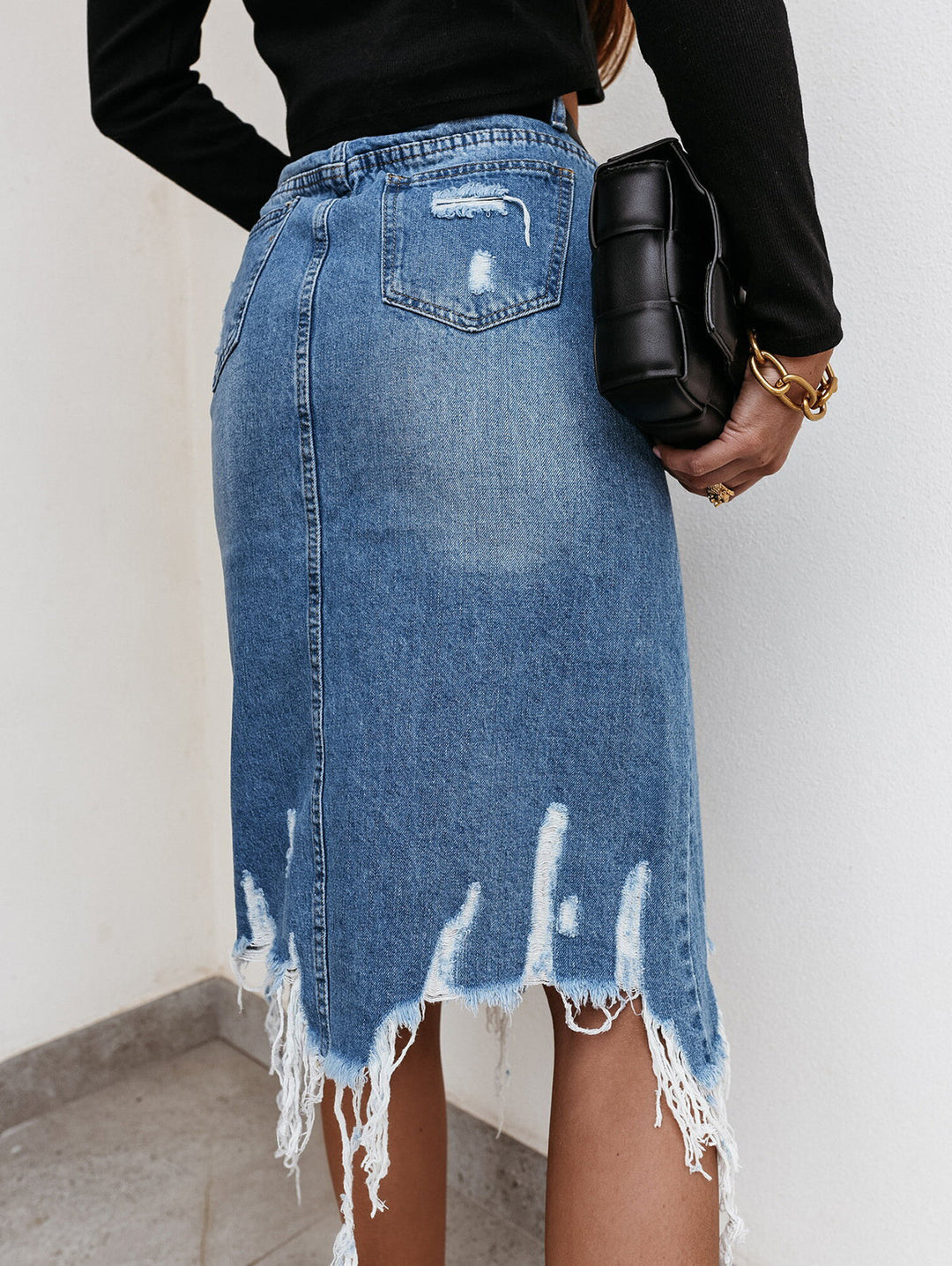 Women's Summer Ripped Fringed Irregular Hem Denim Skirt