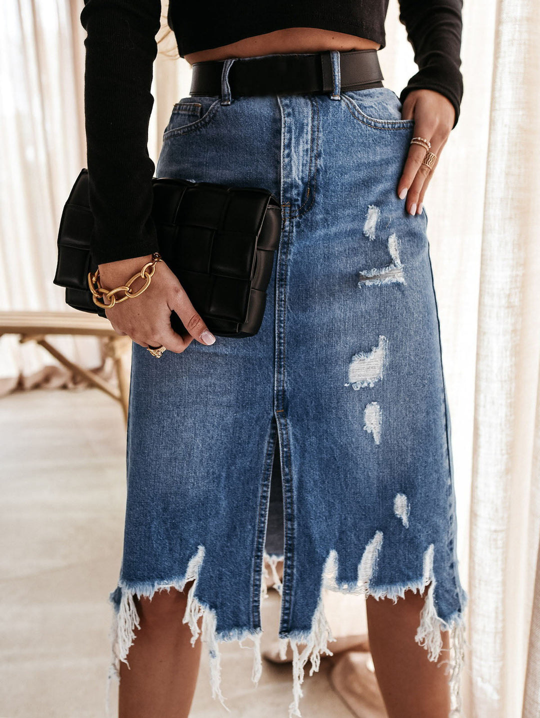 Women's Summer Ripped Fringed Irregular Hem Denim Skirt