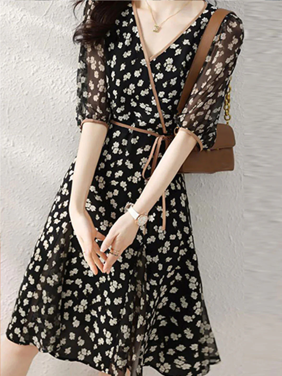 French Floral Wrap Waist Color Clash Short Sleeve Dress