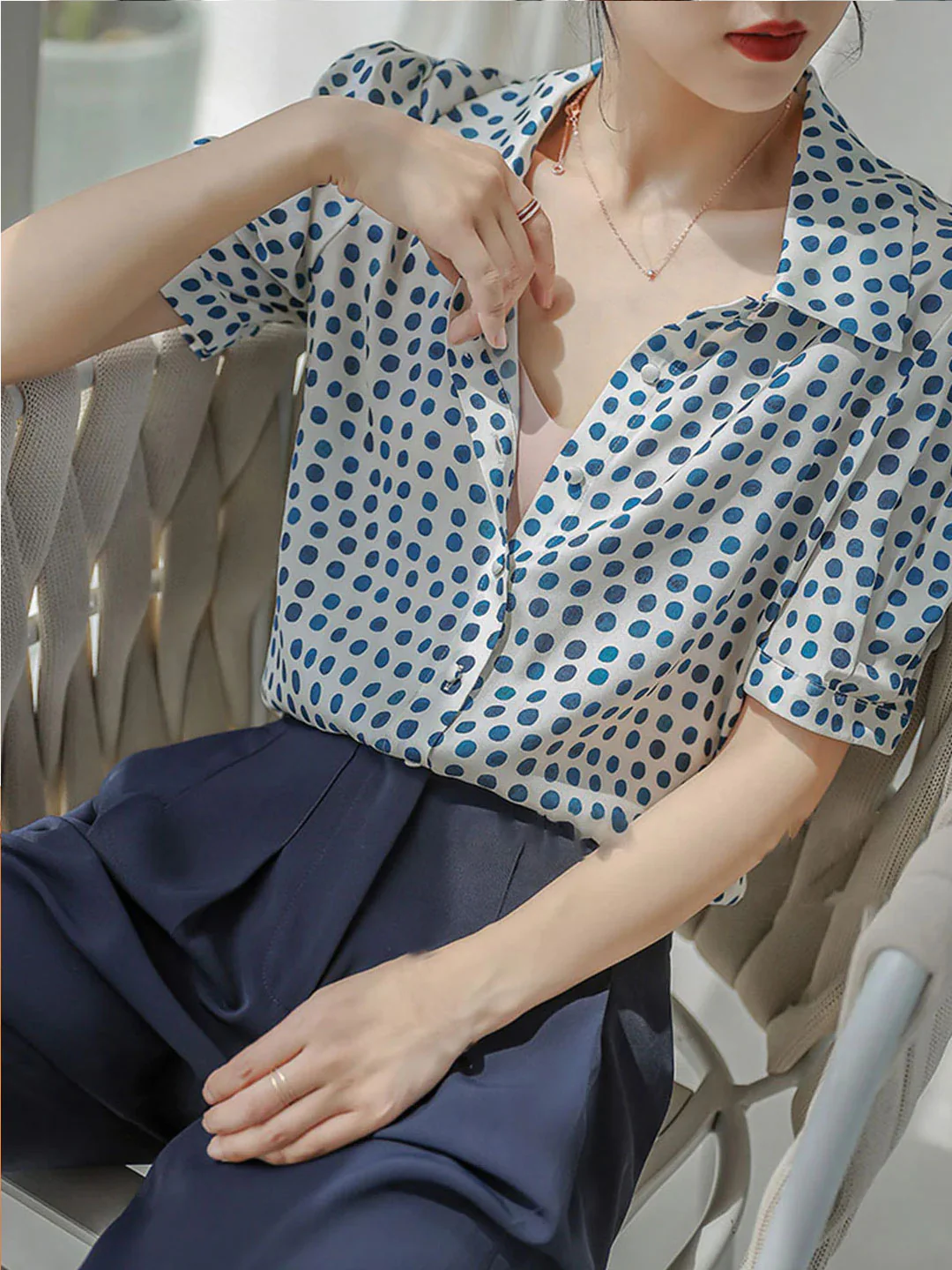 Polka Dot Printed Bubble Sleeve Blouse Top