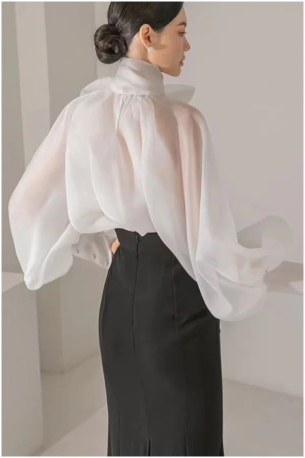 White Elegant Solid Color Bow Mock Neck Lantern Sleeve Blouse