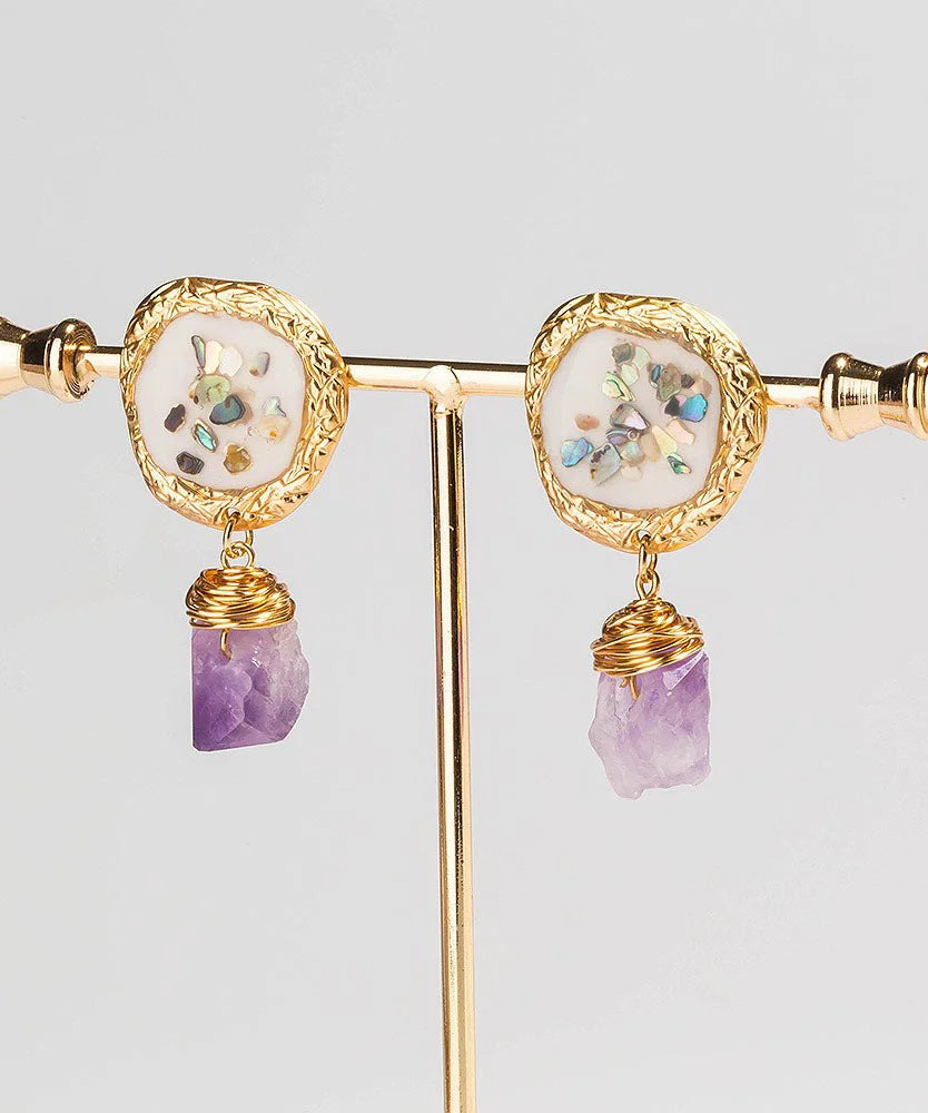 Vintage Light Purple Alloy Gem Stone Drop Earrings