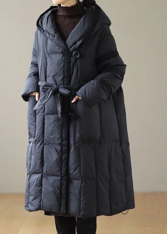 Modern Black Hooded Patchwork Tie Waist Duck Down Puffer Jacket Winter