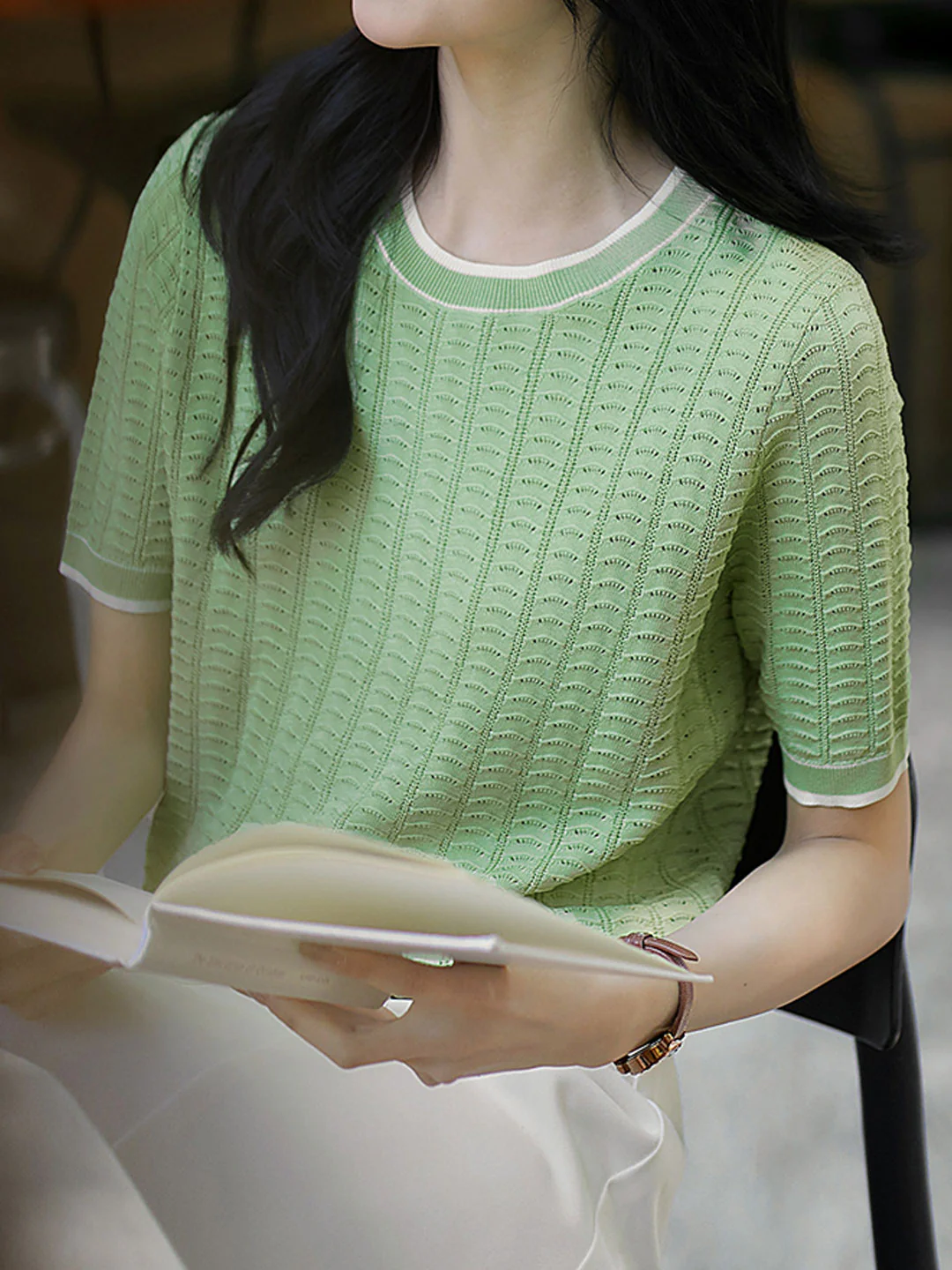 Elegant Round Neck Knit Short Sleeve Shirt Top