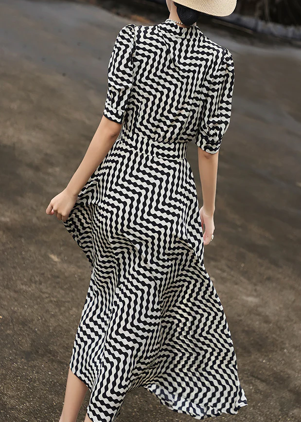 Elegant Striped Tie Waist Chiffon Dress